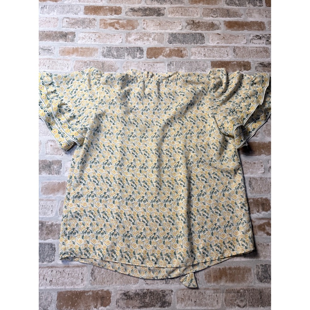 Max Studio Womens Yellow Floral Ruffle Tie Neck Flutter Sleeve Blouse Small - Picture 4 of 5